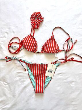 NWT Orange & Aqua Striped Bikini Set + Scrunchie | Tie Side | Triangle Top